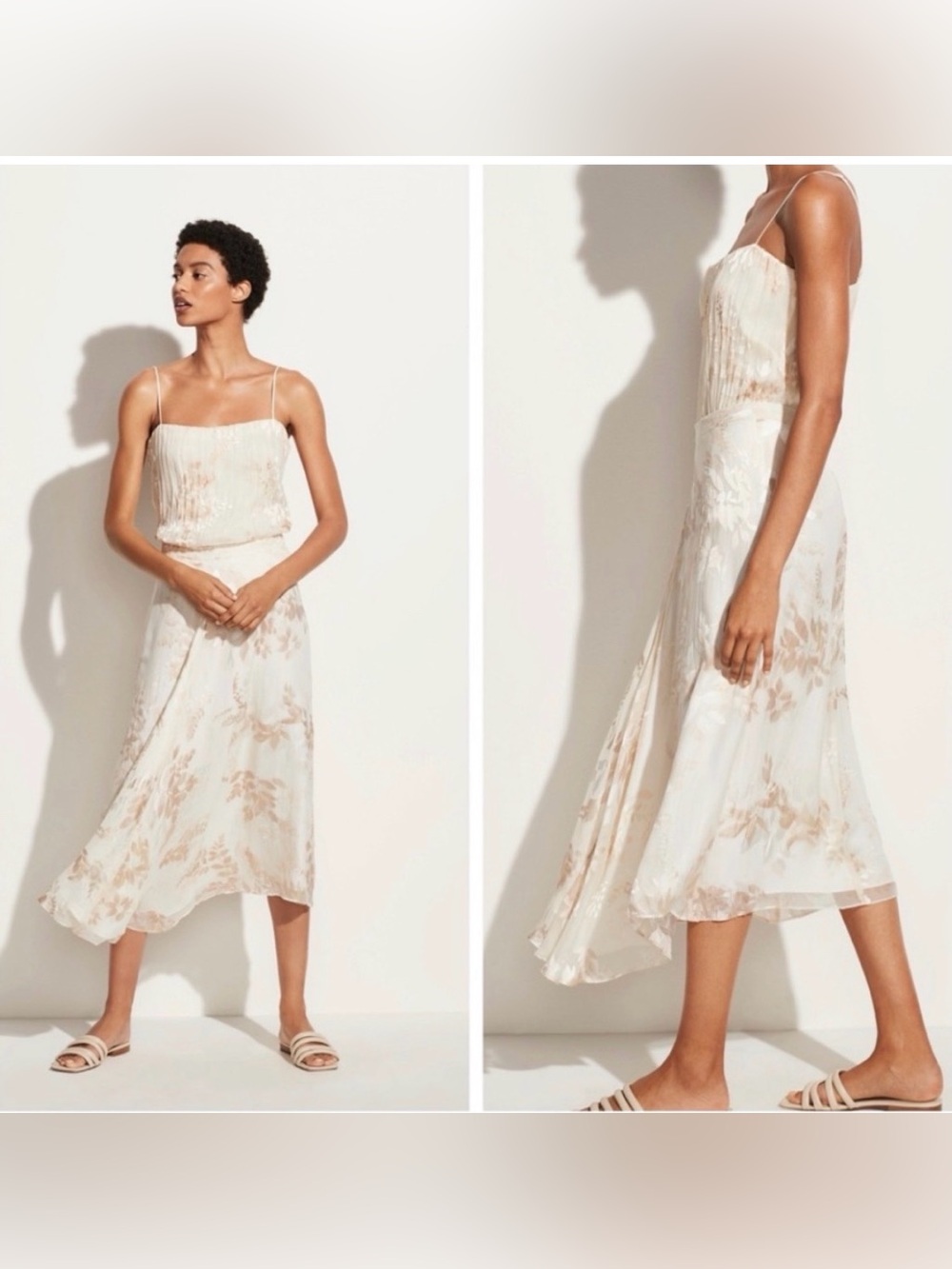 NWT Vince Natural Burnout Floral Silk Like Pleated Midi Skirt in Cream Size 12